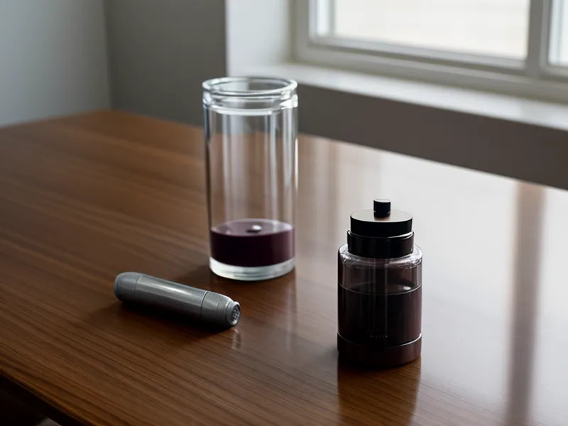 A single joint supplement capsule next to a glass of water.