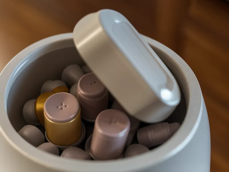 A single joint supplement capsule on a wooden surface near a staircase.