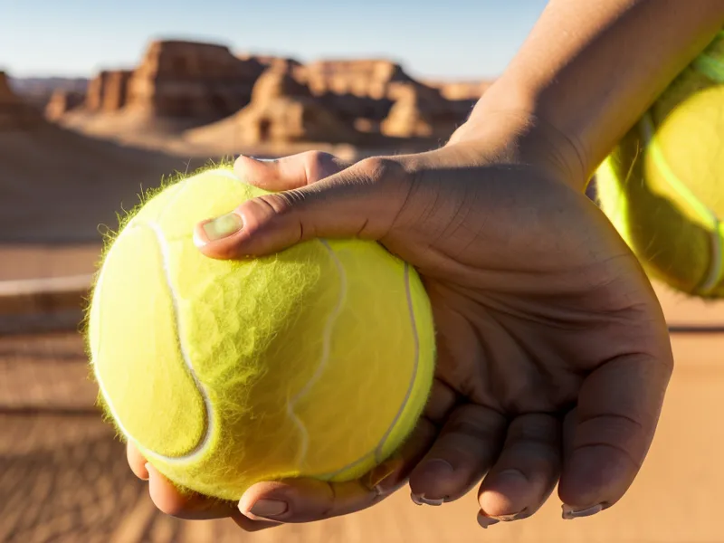 A hand holding a tennis ball against a blurred patio background.