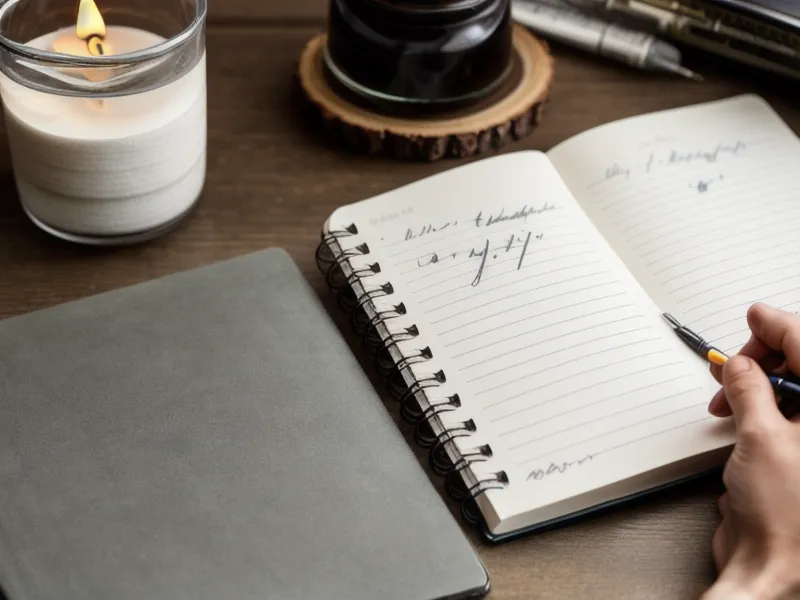 Close-up of a hand logging joint stiffness notes in a spiral notebook.
