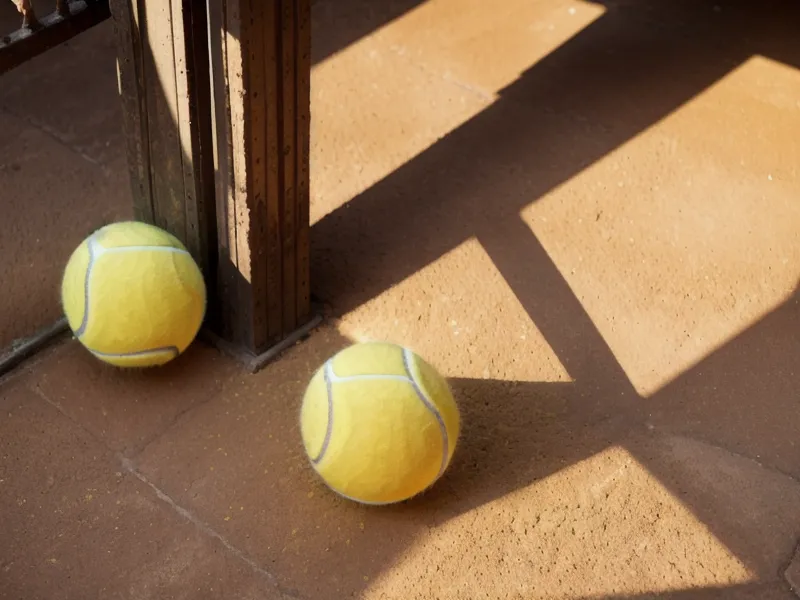 A tennis ball under a patio table in the bright Phoenix sun.