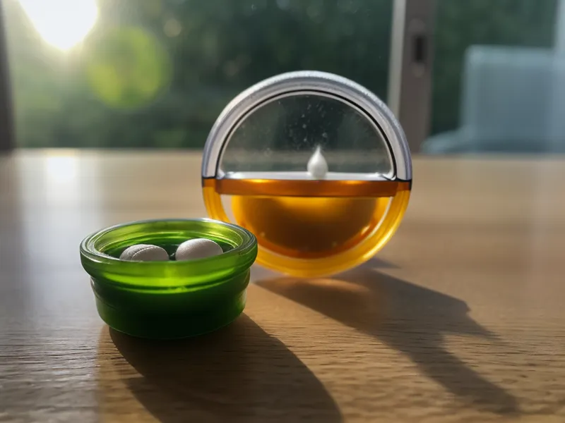 A single joint supplement capsule and a glass of water on a table.