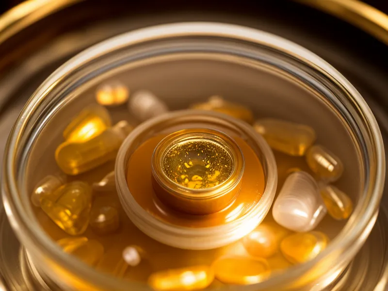 A single joint supplement capsule and a glass of water on a table.