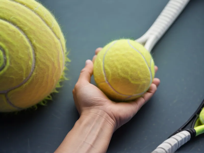 A hand reaching down to pick up a dog's tennis ball.