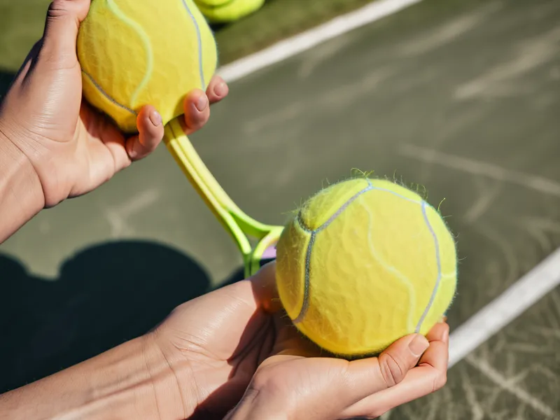 A tennis ball and dog leash on a table, symbolizing mobility testing.