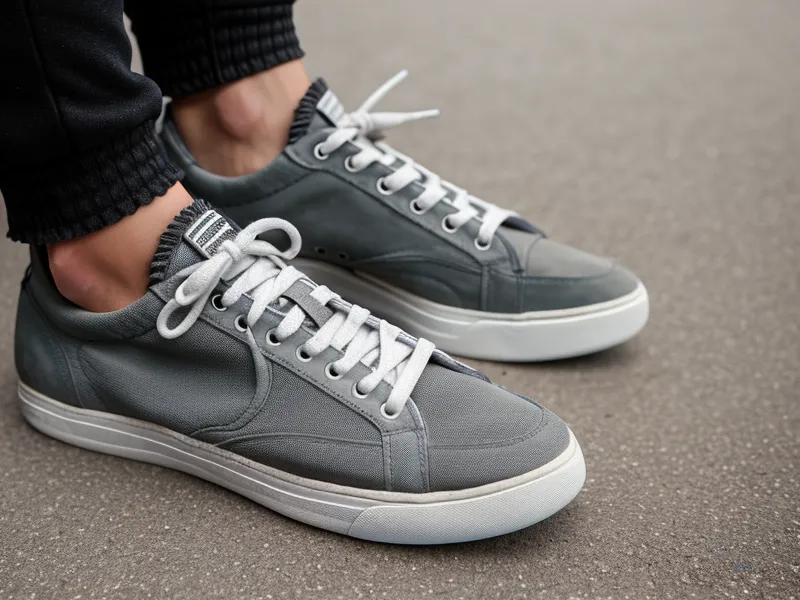 Worn-out coaching sneakers on a concrete floor representing years of joint strain.