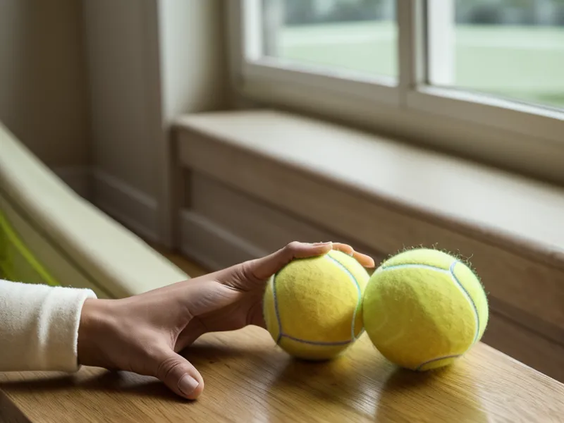 A person easily reaching down to pick up a dog's tennis ball.