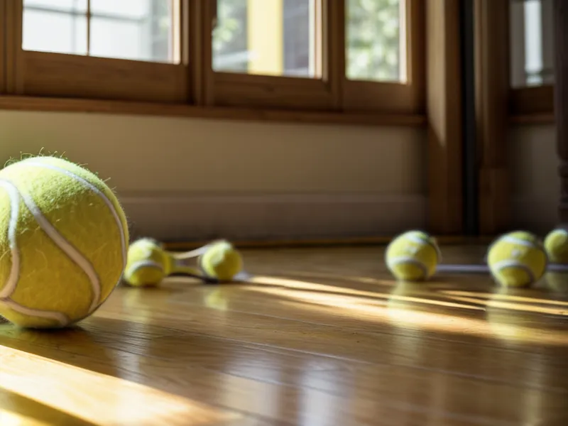 A tennis ball on a tile floor representing a joint mobility test.