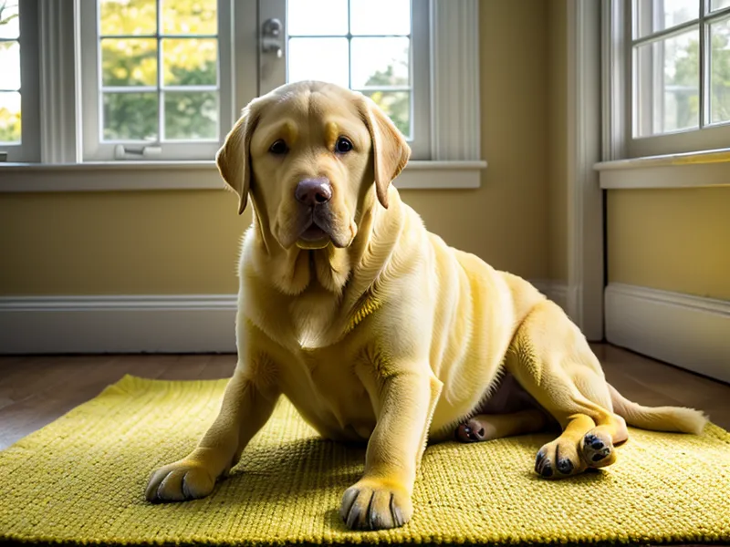 A Labrador retriever waiting for its owner to pick up a tennis ball.