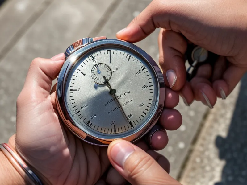 A hand holding a stopwatch to time morning joint stiffness at outdoor park stairs.