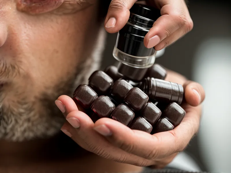 A man's hand checking the batch number on the bottom of a supplement bottle.